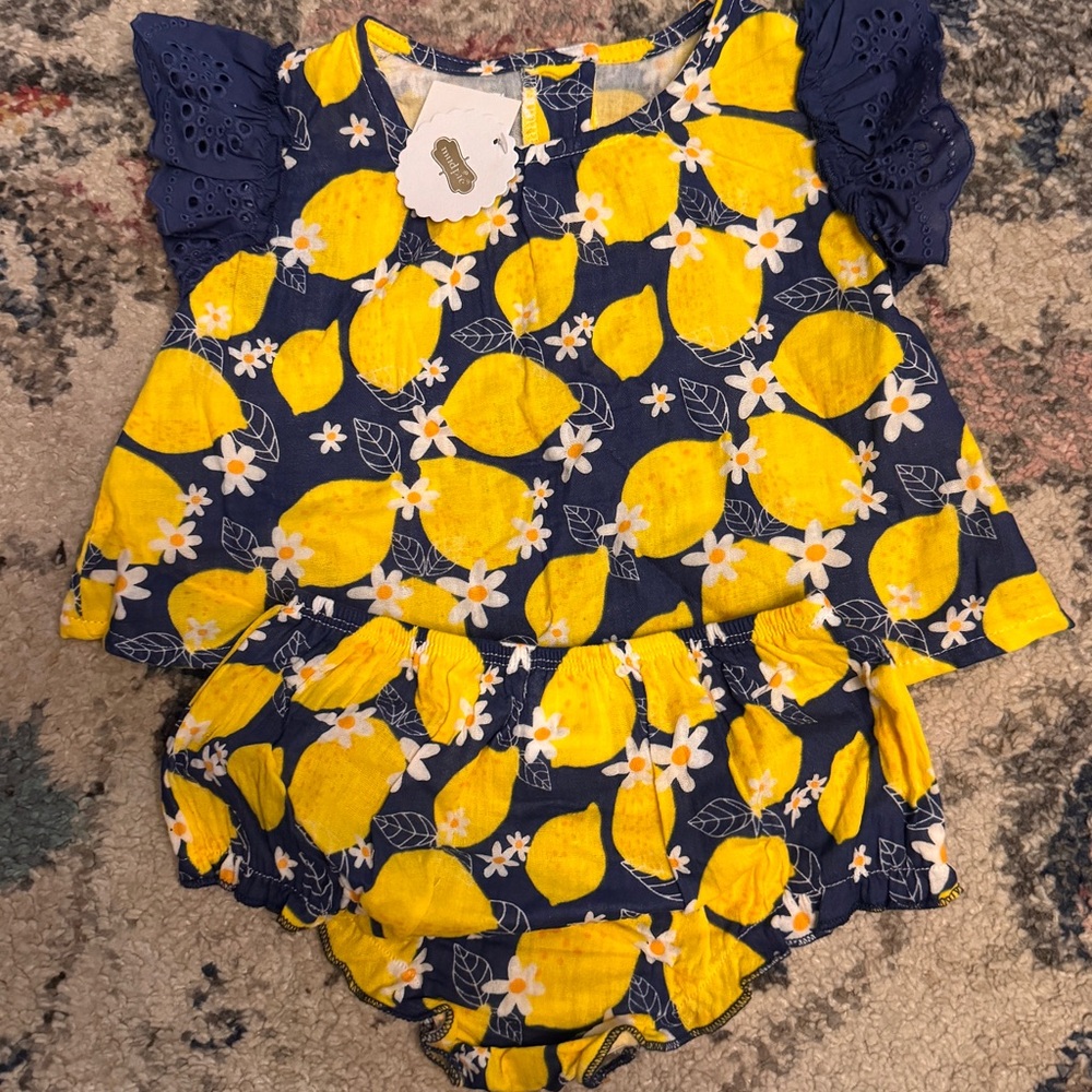Mud Pie Lemon Print Kids Matching Set - Yellow and Blue